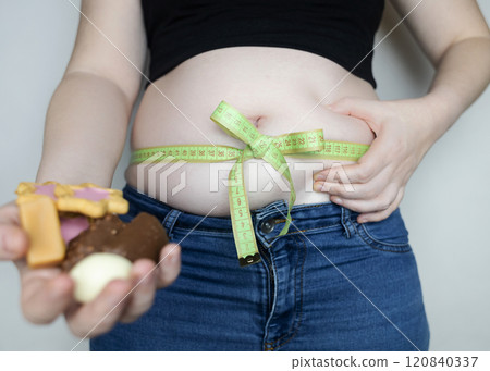 Obesity and overweight from overeating. Big belly tied with measuring tape as a gift. Body fat from candies and sweets Obesity and overweight from overeating. Big belly tied with measuring tape as a gift. Body fat from candies and sweets 120840337