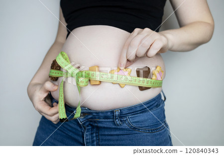 Obesity and overweight from overeating. Big belly tied with measuring tape as a gift. Body fat from candies and sweets Obesity and overweight from overeating. Big belly tied with measuring tape as a gift. Body fat from candies and sweets 120840343