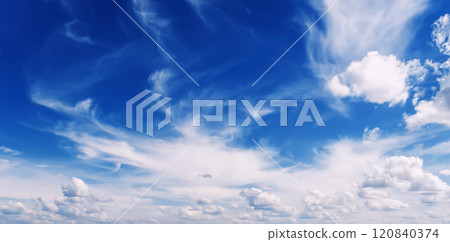 background of blue sky with white clouds. Panorama of sky in morning in summer background of blue sky with white clouds. Panorama of sky in morning in summer 120840374