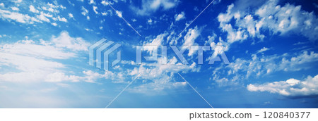 background of blue sky with white fluffy clouds. Panorama of the sky in morning in summer 120840377