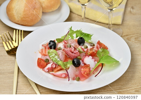 Carpaccio, carpaccio salad. Salmon, sea bream, octopus, cherry tomatoes, baby leaves, olive oil. Carpaccio, carpaccio salad. Salmon, sea bream, octopus, cherry tomatoes, baby leaves, olive oil. 120840397