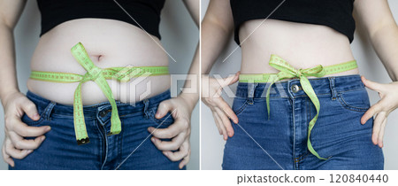 Woman before and after weight loss, weight loss. Abdominoplasty or diet aftereffect. Belly tied with measuring tape in the form of a bow Woman before and after weight loss, weight loss. Abdominoplasty or diet aftereffect. Belly tied with measuring tape in the form of a bow 120840440