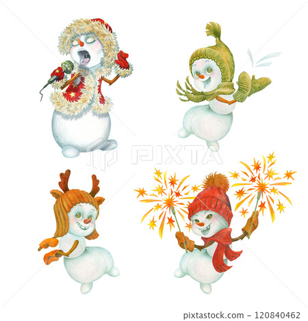 Funny snowmen. Watercolor set of cartoon dancing and singing snowmen isolated on white background for design of winter holiday cards and posters, kids magazine illustration, t-shirts or bags prints 120840462