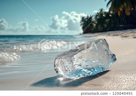 A melting ice block rests on tropical beach, shimmering under the sun. Gentle waves lap at shoreline. Close-up 120840491