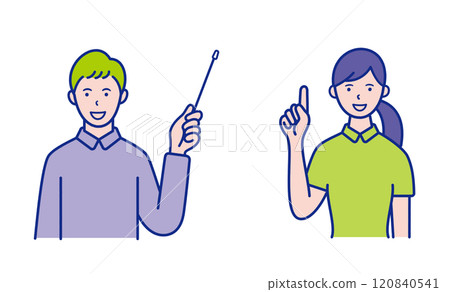 Upper body illustration of a man holding a pointer and a woman pointing at something [set] 120840541