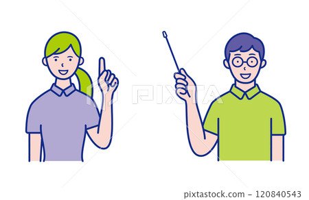 Upper body illustration of a woman pointing and a man holding a pointer [set] 120840543