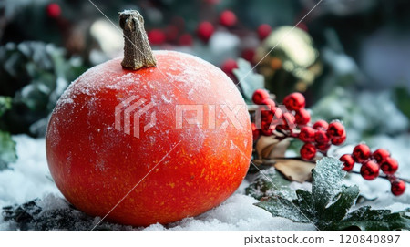 Festive pumpkin on snowy ground with holiday decor Festive pumpkin on snowy ground with holiday decor 120840897