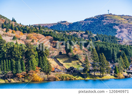 [Kanagawa Prefecture] Lake Ashi in autumn: Hakone Checkpoint ruins seen from a sightseeing boat 120840971