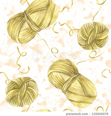 Skein of knitting thread seamless pattern on watercolor pink splashes spotted background. Green yellow pastel coloured ball of yarn. Hand drawn illustration. Handmade hobby fabric. Isolated clipart 120840976