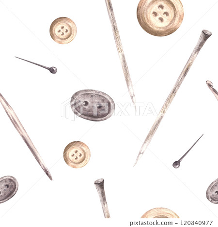 Buttons, knitting needles, hooks, sewing pins seamless pattern. Needlework, handicrafts and sewing set beige, grey pastel coloured. Watercolor fabric, hand drawn illustration isolated from background 120840977