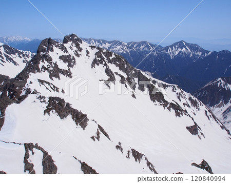 The snow-capped Mt. Kitahotaka seen from Mt. Karasawa in the Northern Alps, Hotaka mountain range The snow-capped Mt. Kitahotaka seen from Mt. Karasawa in the Northern Alps, Hotaka mountain range 120840994