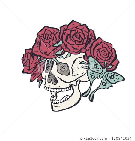 Hand drawn floral human skull with rose wreath isolated on white background Hand drawn floral human skull with rose wreath isolated on white background 120841034