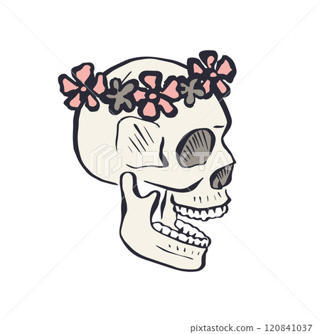Hand drawn floral human skull with pink flowers wreath isolated on white background Hand drawn floral human skull with pink flowers wreath isolated on white background 120841037