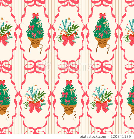 Christmas coquette seamless pattern Pink bow, ribbons, preppy Christmas tree. Grandmillennial vector damask wallpaper. Christmas coquette seamless pattern Pink bow, ribbons, preppy Christmas tree. Grandmillennial vector damask wallpaper. 120841189