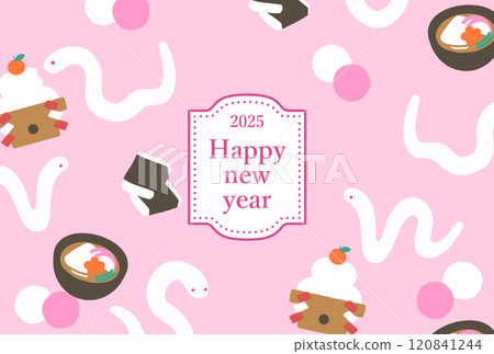 2025 New Year's card horizontal illustration of a cute snake and rice cake 120841244
