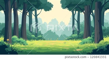 A serene forest landscape with towering trees, lush greenery, and a sun-dappled clearing. 120841331
