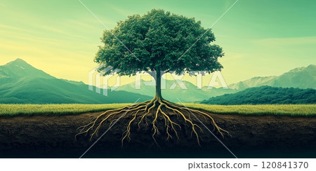 A majestic tree with exposed roots stands tall against a breathtaking mountain backdrop. 120841370