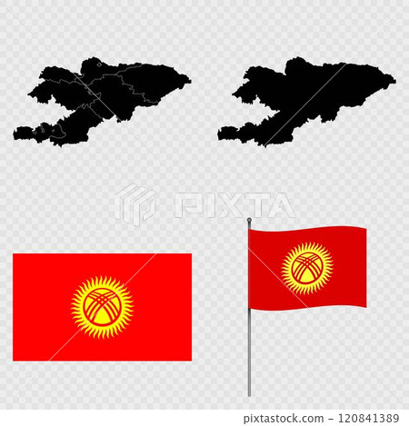 Set of maps, flag and flagpole of Kyrgyzstan. Vector illustration. 120841389