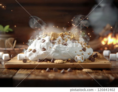 a rustic wooden table beside a crackling fire, a mountain of fluffy marshmallows, studded with chocolate chips and crumbled graham crackers, exudes warmth and a tempting aroma. 120841402