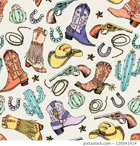 Cute Colorful Wild West Boots Pencil Drawing Style Seamless Pattern Illustration 120841414