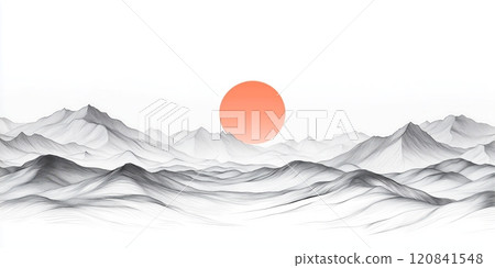 A minimalist landscape depicts rolling hills and a vibrant orange sun. A minimalist landscape depicts rolling hills and a vibrant orange sun. 120841548