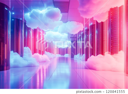 A futuristic data center with towering servers and ethereal clouds illuminated by vibrant neon lights. 120841555