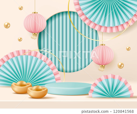 Chinese style Lunar New Year or Lantern Festival merchandise display stand with gold ingots and lanterns banner poster advertising leaflet vector material picture 120841568