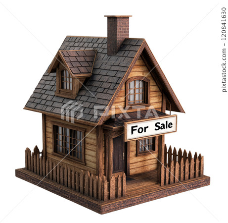 A charming wooden cottage with a shingled roof and a brick chimney displays a "For Sale" sign. 120841630