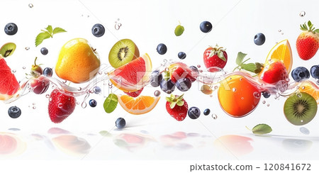 五顏六色的水果漂浮在水中 五顏六色的水果漂浮在水中 120841672