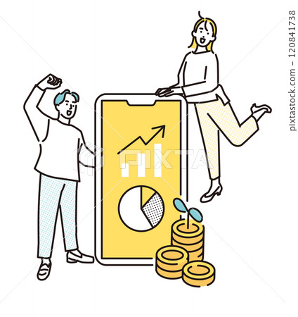 Simple illustration: Young man and woman managing assets with smartphone Simple illustration: Young man and woman managing assets with smartphone 120841738