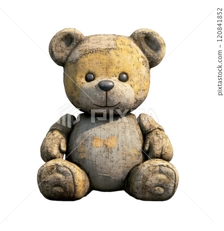 A worn teddy bear with yellow patches and a friendly smile sits on a transparent background. 120841852