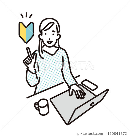 一名年輕女子指著初學者標記和一台筆記型電腦的簡單插圖 一名年輕女子指著初學者標記和一台筆記型電腦的簡單插圖 120841872