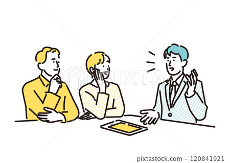 Simple illustration: Man and woman discussing asset management 120841921