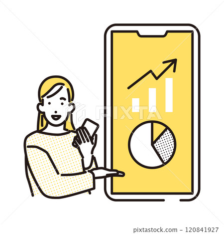 一個微笑的年輕女子指著智慧型手機的簡單插圖 一個微笑的年輕女子指著智慧型手機的簡單插圖 120841927