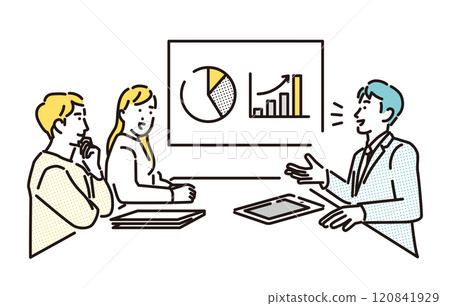 Simple illustration of a young couple, man and woman, receiving life planning Simple illustration of a young couple, man and woman, receiving life planning 120841929