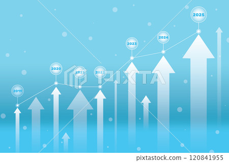 Pointing arrow graph corporate future growth plan on blue background. Year business graph. Pointing arrow graph corporate future growth plan on blue background. Year business graph. 120841955