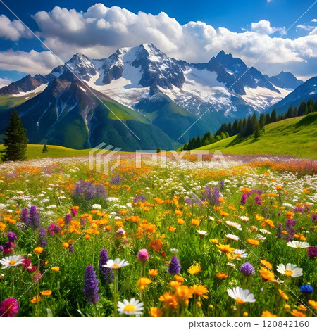 Scenic mountain view with vibrant wildflower meadow and clear sky.  Scenic mountain view with vibrant wildflower meadow and clear sky.  120842160