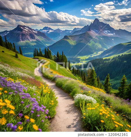 Scenic mountain trail with colorful wildflowers under blue sky. Scenic mountain trail with colorful wildflowers under blue sky. 120842161