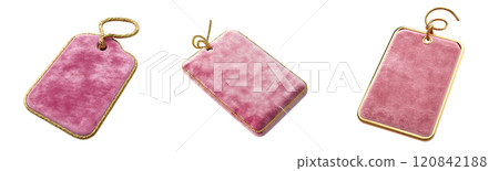 A set of elegant pink velvet tags adorned with golden edging, ideal for adding a touch of luxury to various items. A set of elegant pink velvet tags adorned with golden edging, ideal for adding a touch of luxury to various items. 120842188