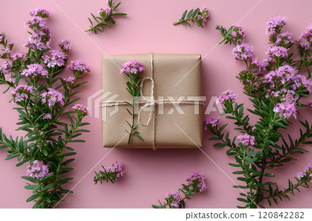 Rustic Gift Box with Pink Flowers on a Soft Pink Background for Spring Celebrations and Gift Ideas Generative AI Rustic Gift Box with Pink Flowers on a Soft Pink Background for Spring Celebrations and Gift Ideas Generative AI 120842282