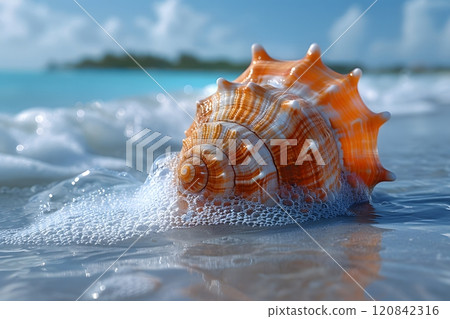 Idyllic Beach Scene with Seashell and Ocean Waves for Summer Vacation Themes Generative AI 120842316