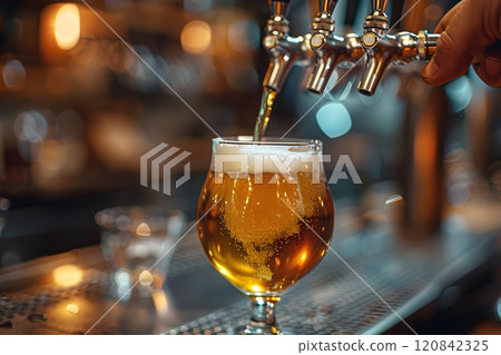 Craft Beer Pouring into a Glass at a Lively Bar Setting Generative AI 120842325