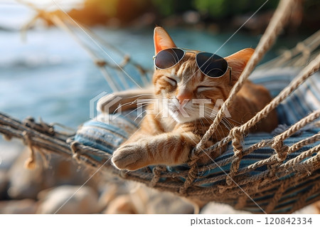 Relaxed Ginger Cat in Sunglasses Lounging on a Hammock by the Ocean Generative AI 120842334