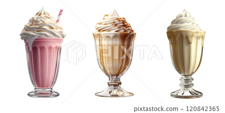 Three milkshakes, in different glasses and topped with whipped cream and various sauces, are displayed against a neutral background. 120842365