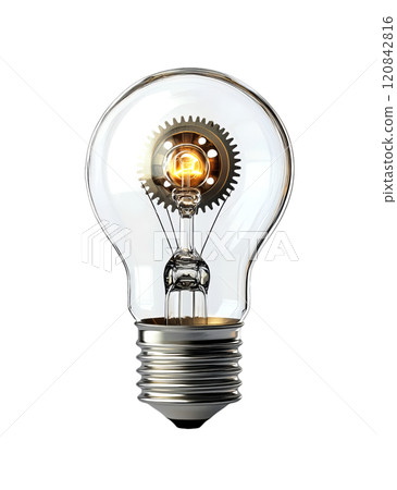 A light bulb with intricate gears inside, symbolizing innovation and creativity, is isolated on a transparent background. 120842816