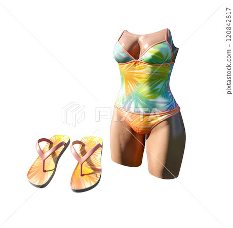 A colorful swimsuit and matching flip-flops are displayed on a mannequin. 120842817