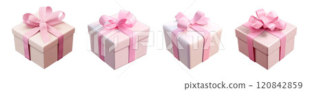 Four gift boxes, each wrapped in a different shade of pink and tied with a pink ribbon, are arranged in a row. 120842859