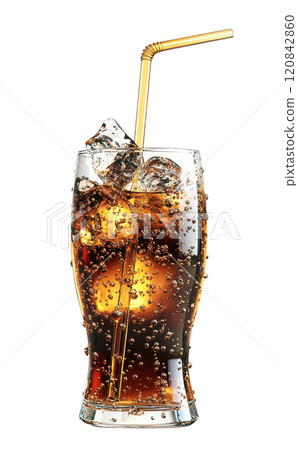 A glass filled with a dark, carbonated beverage, topped with ice cubes and a straw, is isolated on a transparent background. 120842860