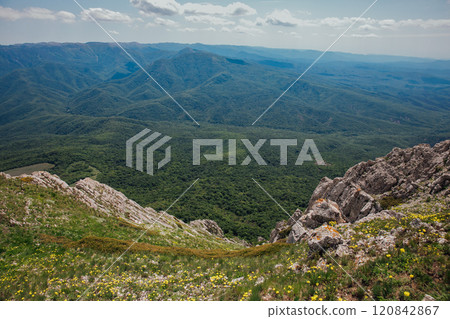 scenery from the top of the mountain to the forest and sky 120842867