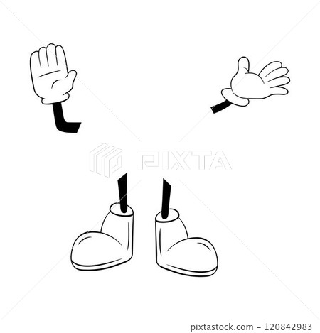 Vintage cartoon hands in gloves and feet in shoes. Comics arm gestures and walking leg poses 120842983